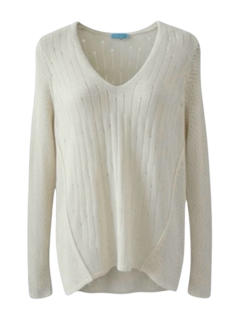 J. McLaughlin Cream V-Neck Open Stitch Long Sleeve Cotton Blend Knit Sweater